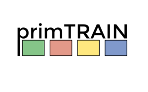 PRIMTRAIN Logo: four squares in a row in slightly pastell green, red, yellow, blue; on top of the squares lower case "prim" and upper case "train"
